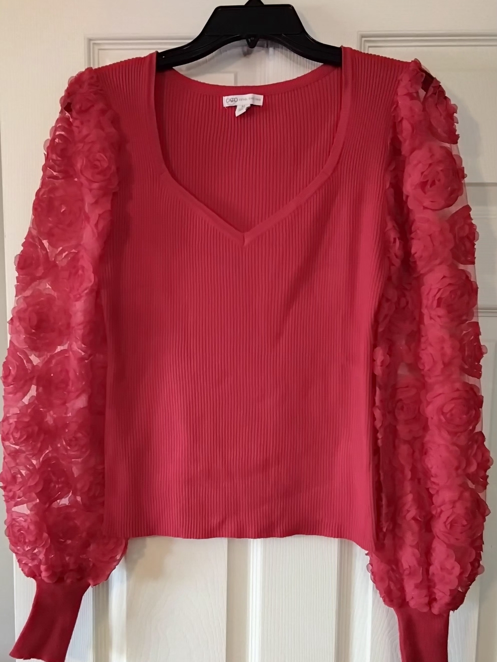 Cato Ribbed V-Neck Sweater with Floral Sheer Puff Sleeves, Red, Medium